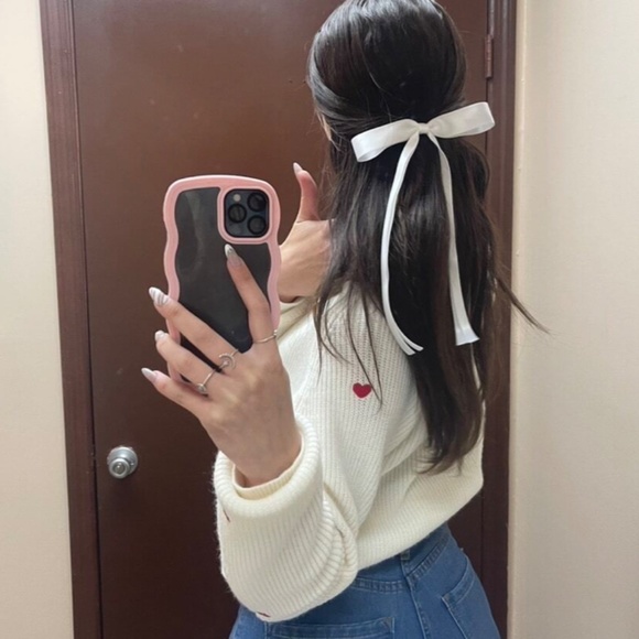 Red Hearts on Cream Knit Cardigan Oversized Long Sleeve Buttons Embroidered - Picture 13 of 15